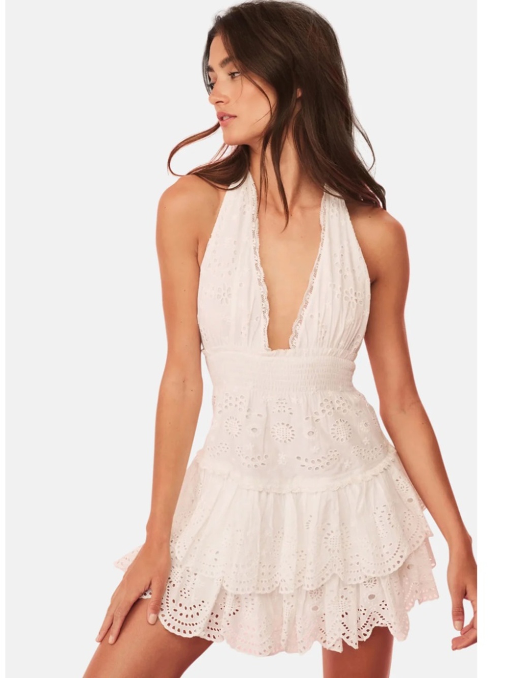 LoveShackFancy JANEA EYELET LACE MINI HALTER DRESS OPTIC WHITE size XS